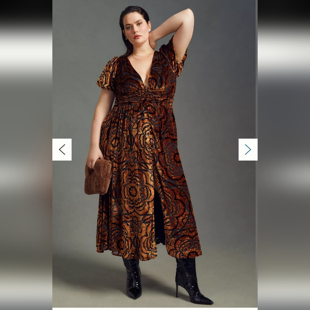 Anthropogie Burnout Velvet Brown Dress